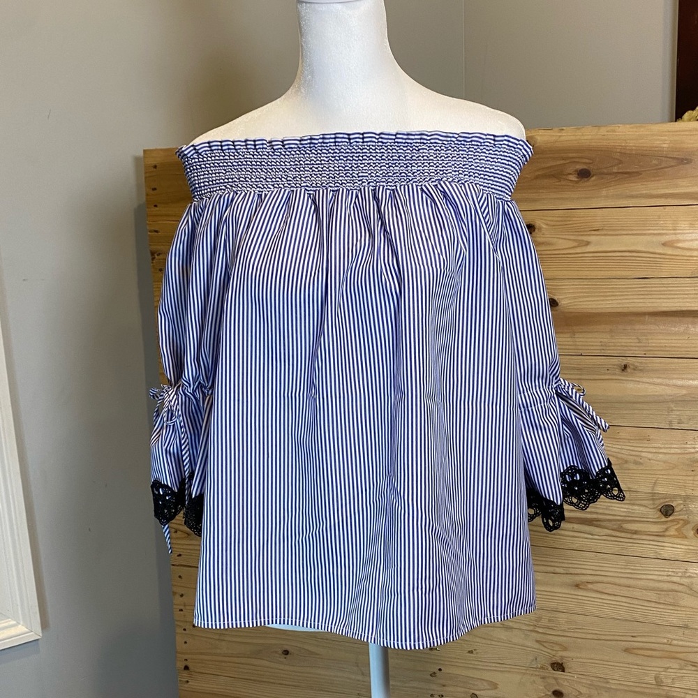 Sadie and Love pinstripe off the shoulder top with drawstring sleeve lace detail